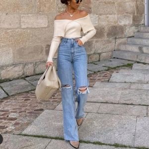 Zara Light Wash High Rise Ripped Wide Leg Jeans -Blogger Favorite